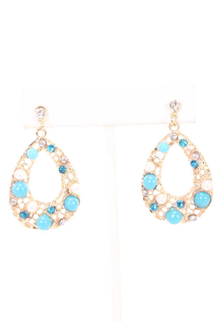 Aqua Beaded Cut Out Design Raindrop Earrings