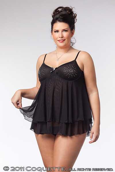 BLACK PLUS SIZE MESH STAR BURST RHINESTONE BABYDOLL G STRING SET