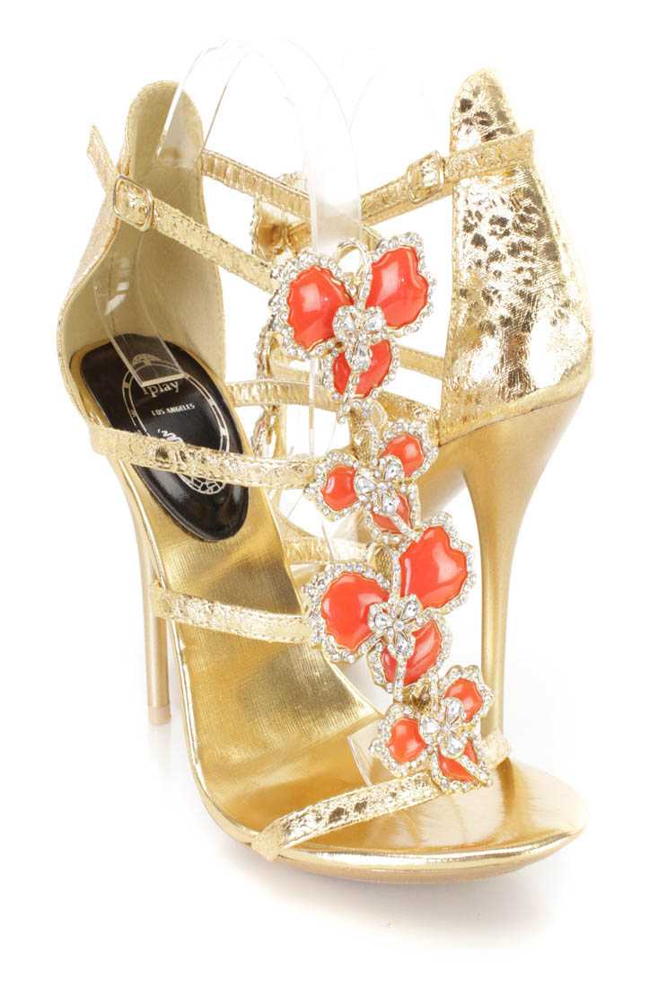 Gold Rhinestone Beaded Strappy Heels Faux Leather