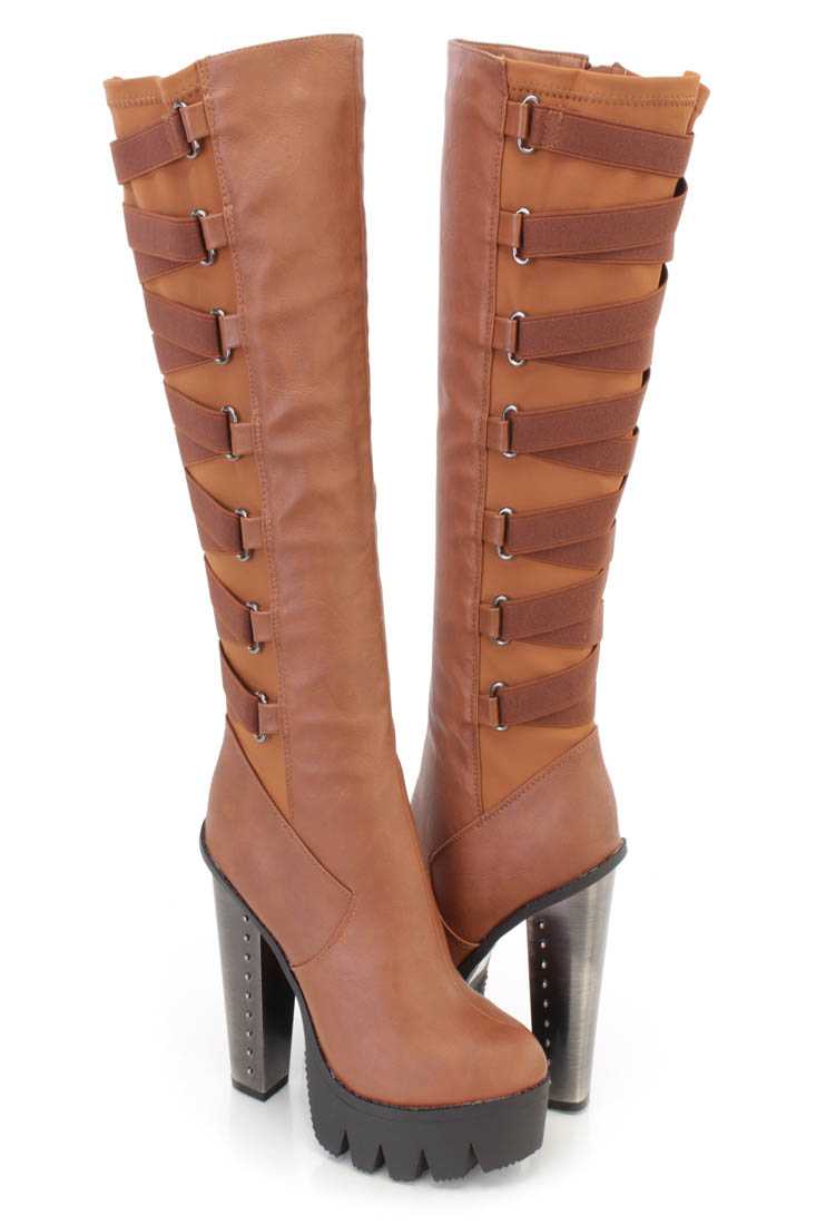 Cognac Elastic Strappy Knee High Chunky Heel Boots Faux Leather