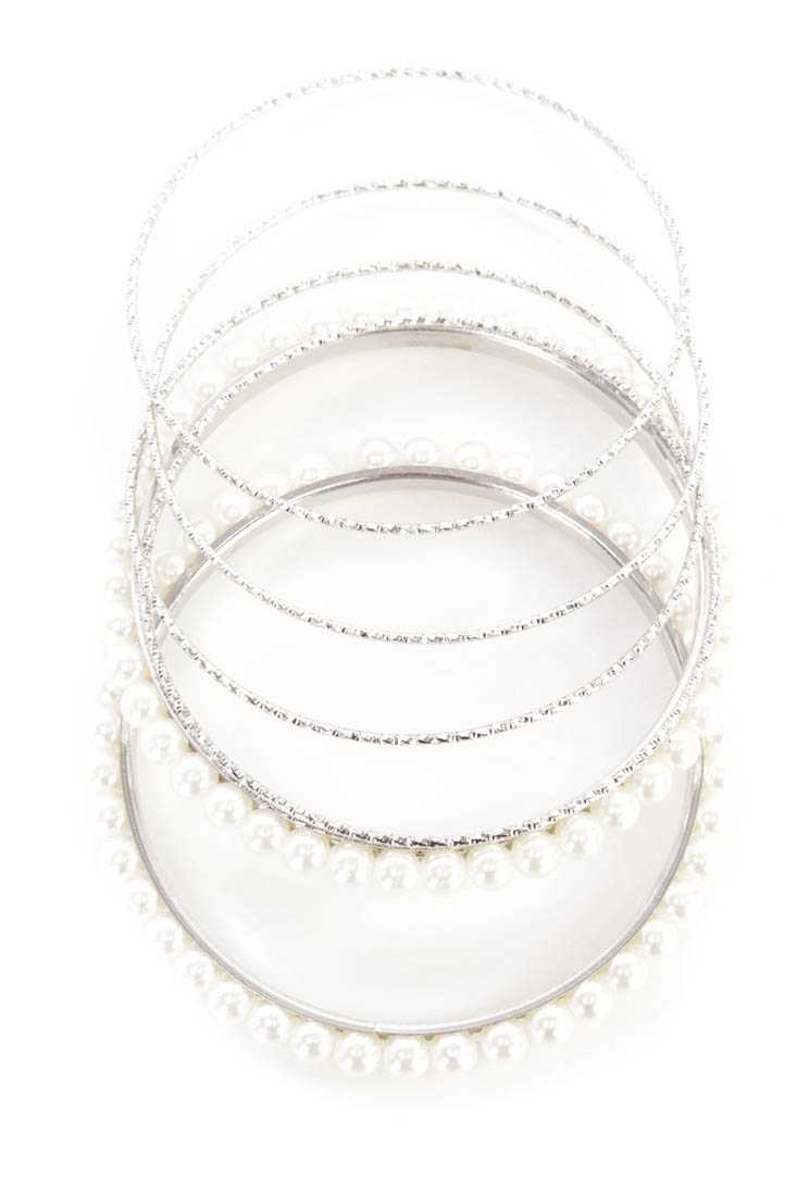 Silver Pearl Detail Texture Print Bangle Set
