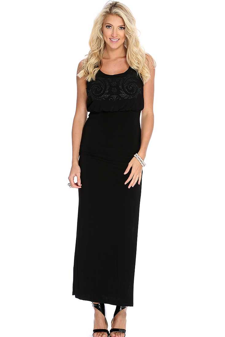 Black Beaded Design Cut Out Sexy Maxi Dress