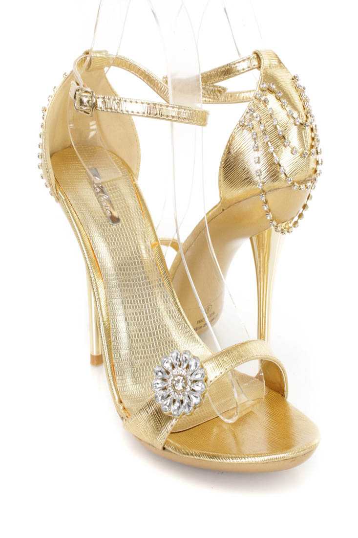 Gold Rhinestone Draped Single Sole Heels Faux Leather