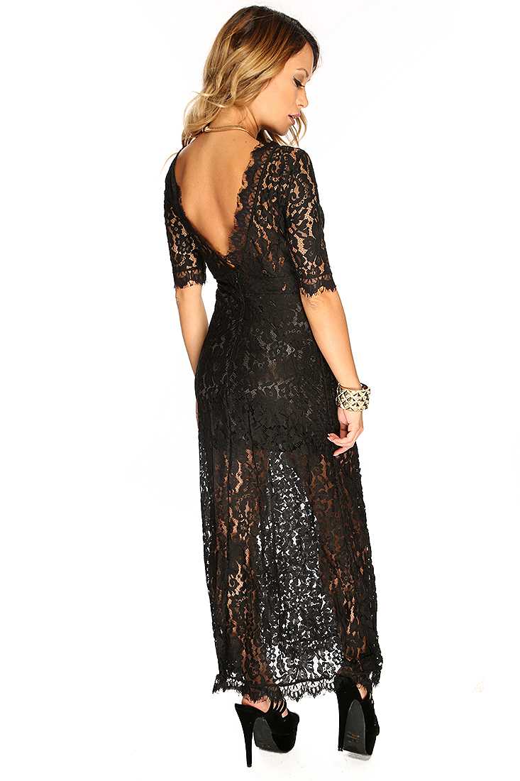 Black Floral Embroidered V-back Sexy Dress