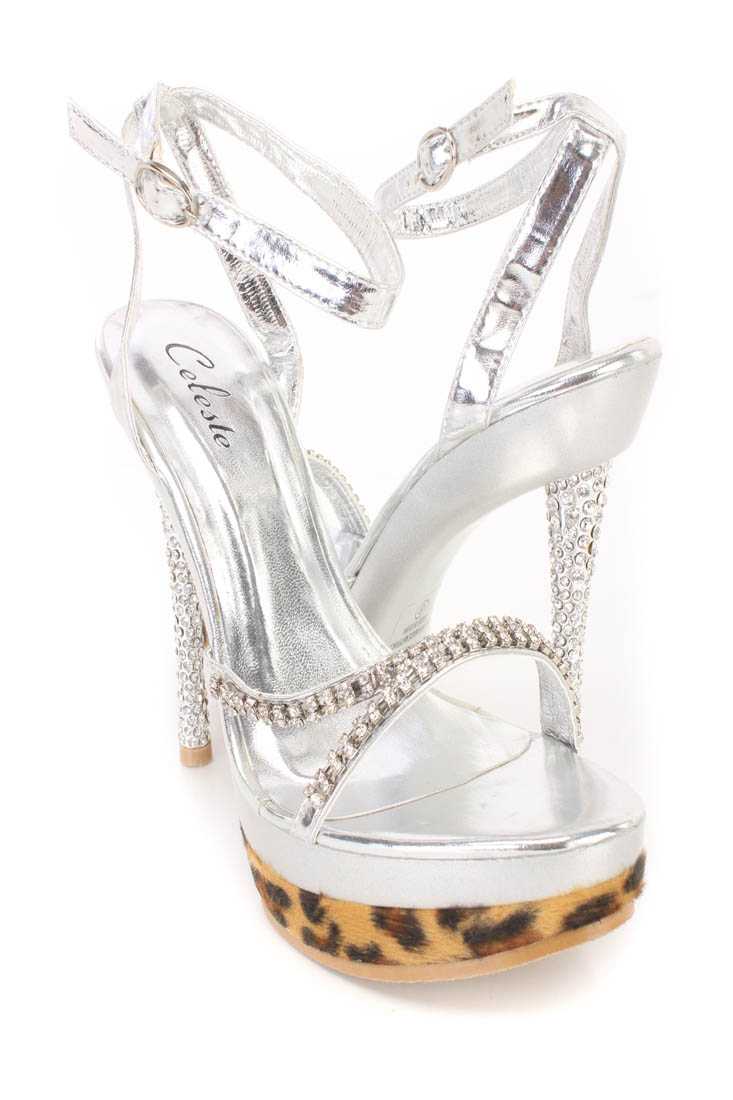 Silver Rhinestone Strappy Platform Heels Faux Leather