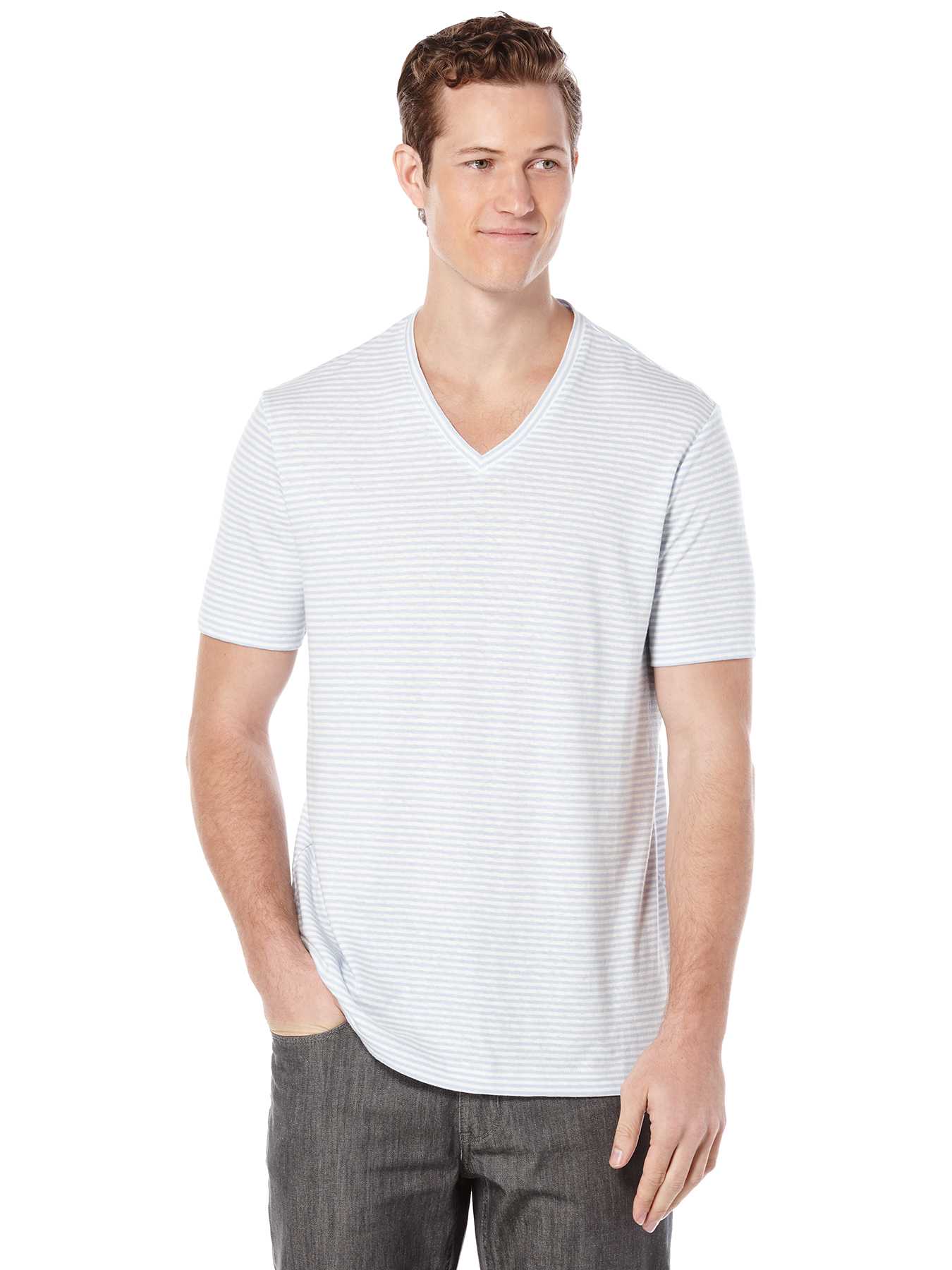 Perry Ellis Short Sleeve Linen Stripe V-Neck Shirt