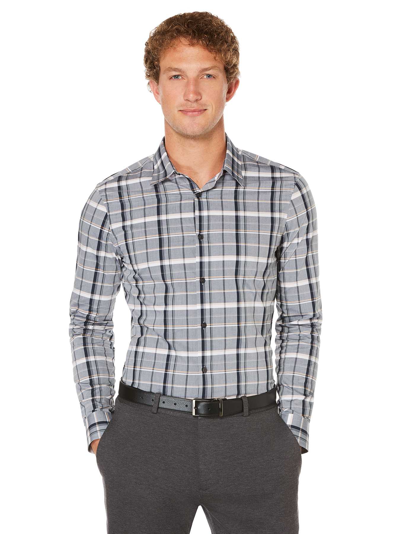 Perry Ellis Slim Fit Chambray Plaid Shirt