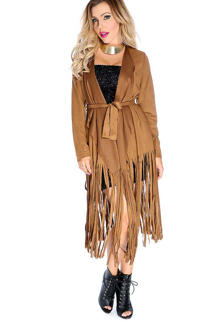 Stylish Camel Long Sleeve Fringe Hem Cardigan