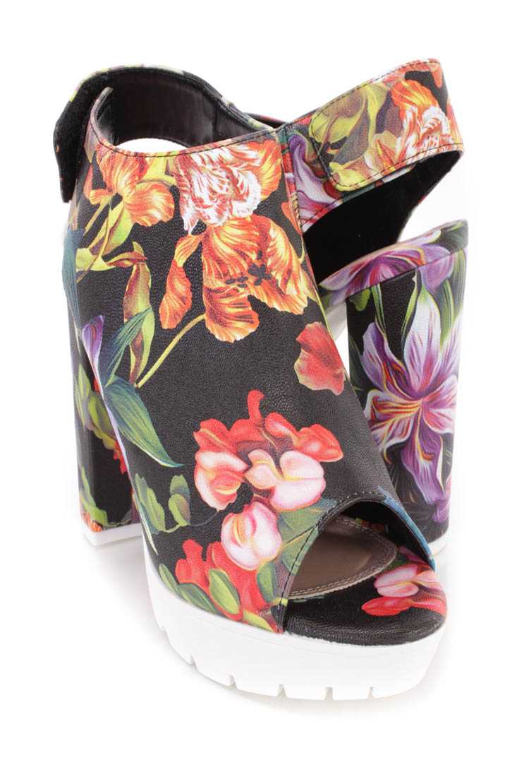 Floral Peep Toe Traction Sole Booties Faux Leather