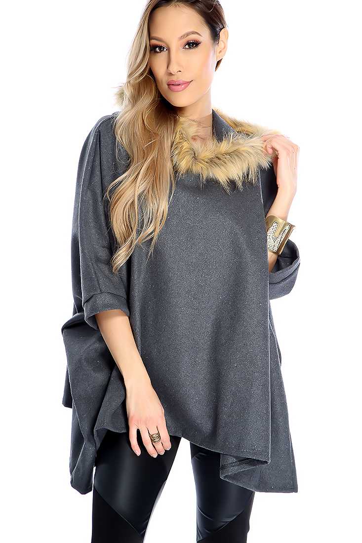 Stylish Charcoal Faux Fur Hoodie Poncho