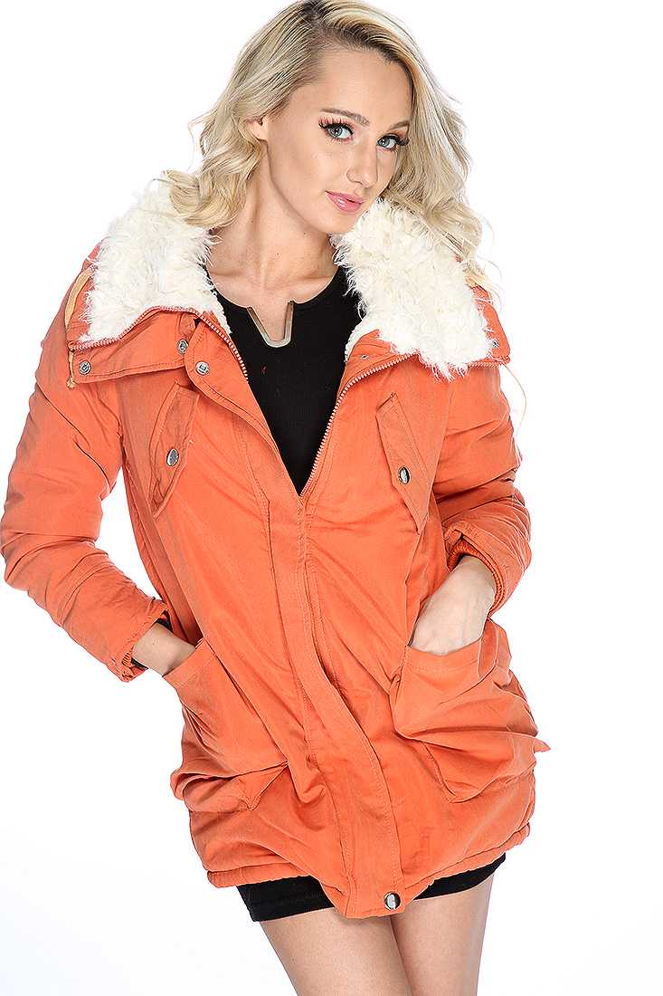Orange Long Sleeves Pockets Zipper Closure Coat