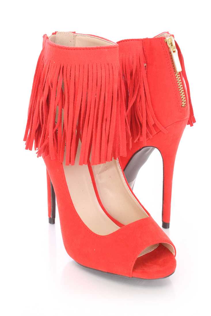 Tangerine Fringe Peep Toe Single Sole High Heels Faux Suede