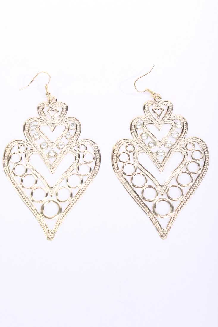 Gold Rhinestone Vintage Heart Shape Dangle Earrings