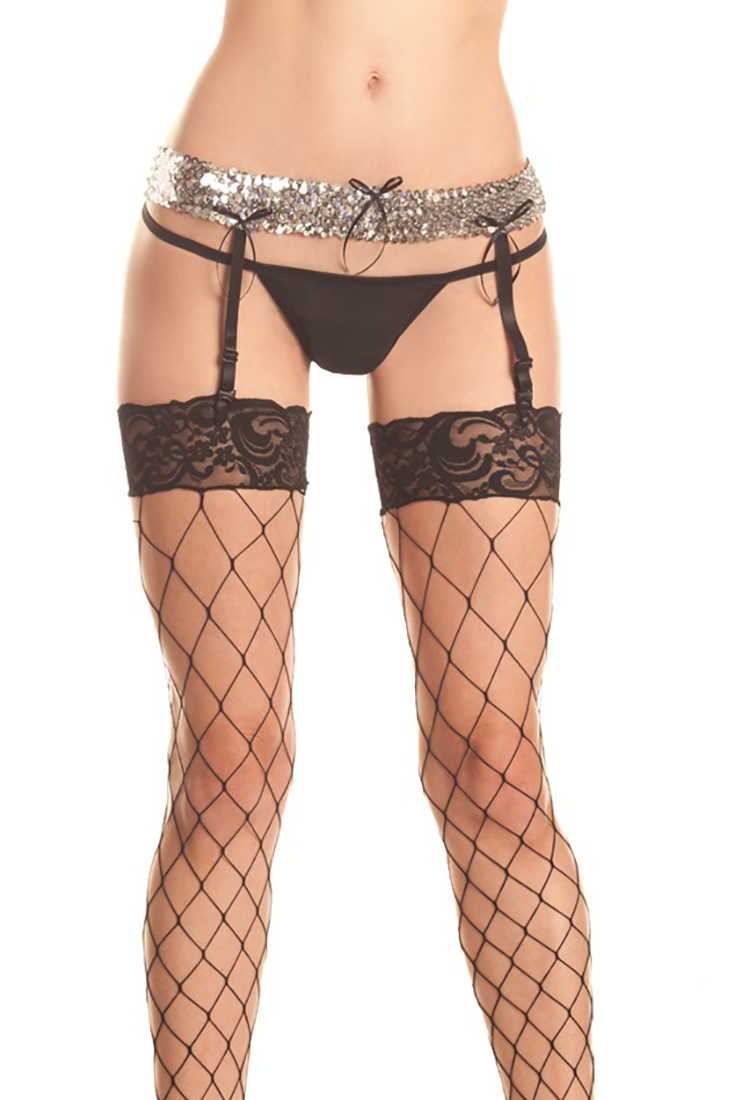 Silver Bow Accents Sexy Sequin Garter Belt