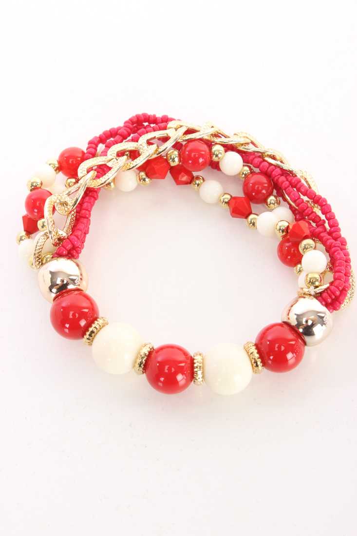 Red White Beaded Design High Polish Chain Link Accent Layered Bracelet