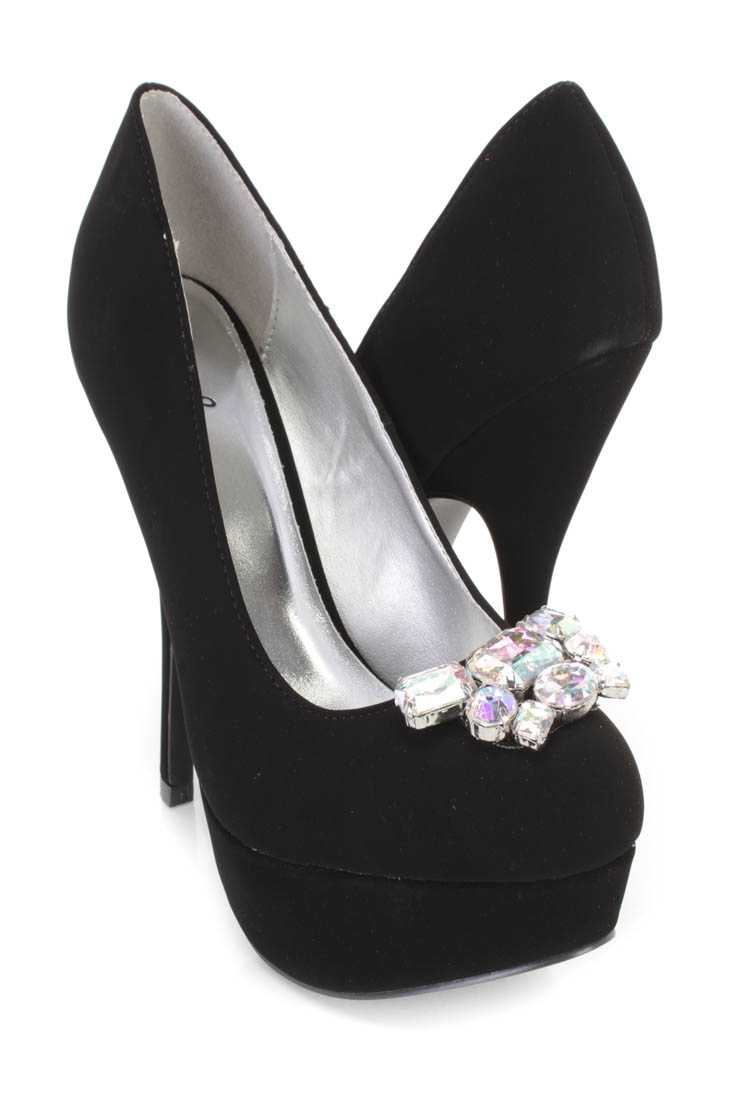 Black Gemstone Decor Platform Heels Nubuck