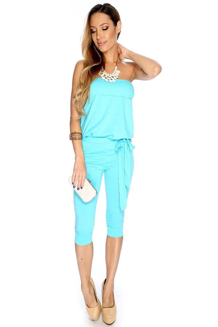 Turquoise Strapless Summer Cute Casual Midi Jumpsuit
