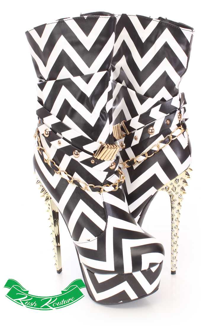 Black White Slouchy Strappy Spiked Boots Faux Leather
