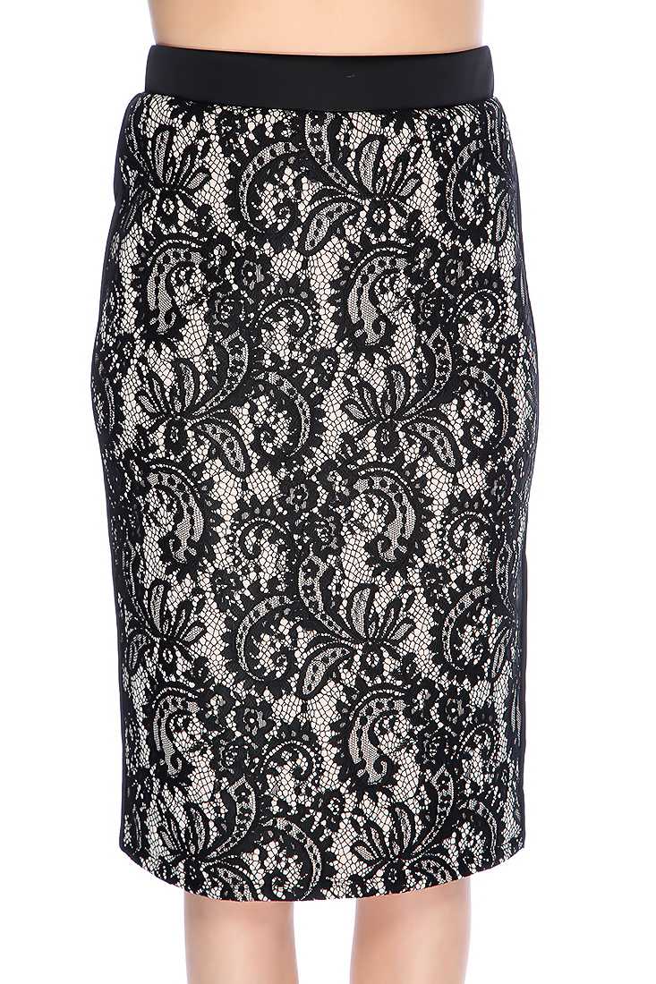 Black Beige Lace Overlay High Waist Skirt