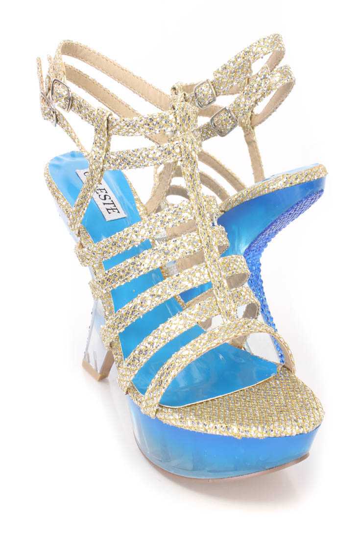 Silver Strappy Platform Curved Heels Glitter
