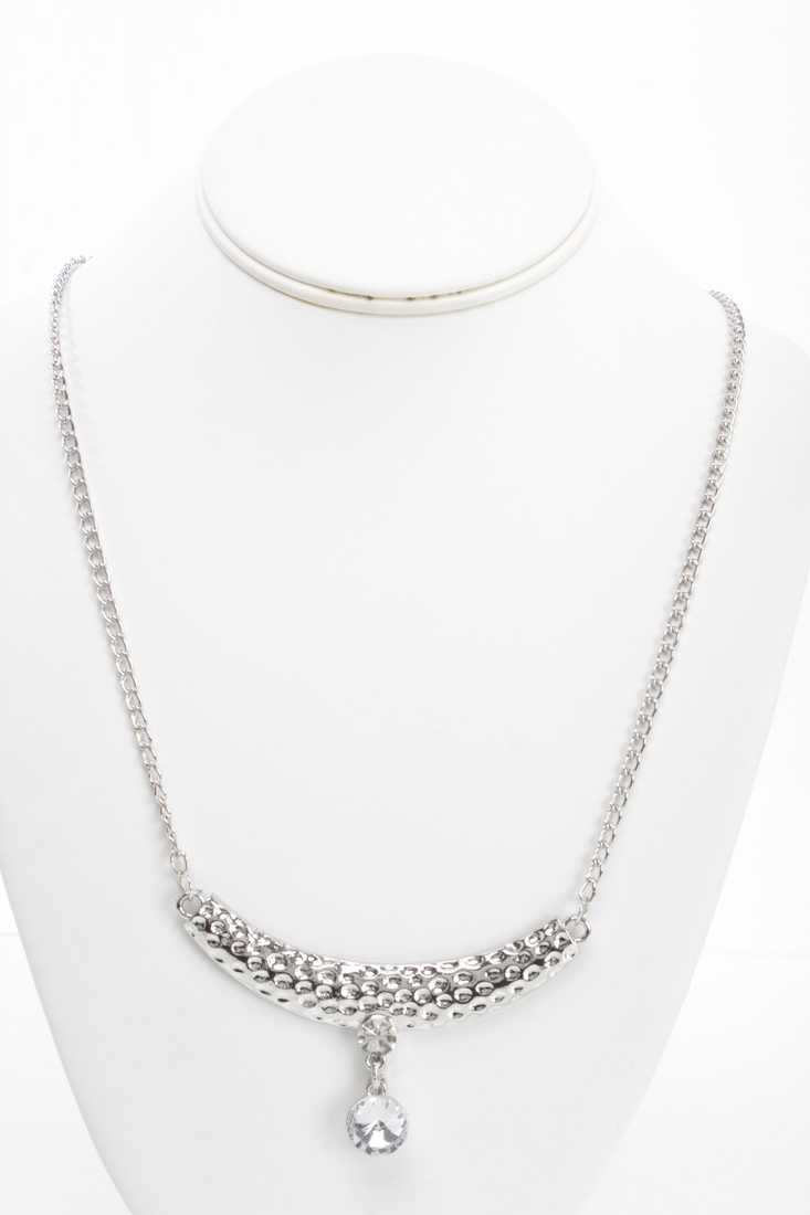 Silver Hammered Metal Rhinestone Necklace