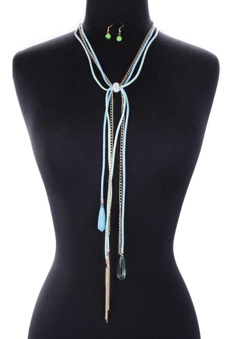 Stylish Mint Blue Rhinestone Bead Detail High Polish Chain Necklace and Earring Set