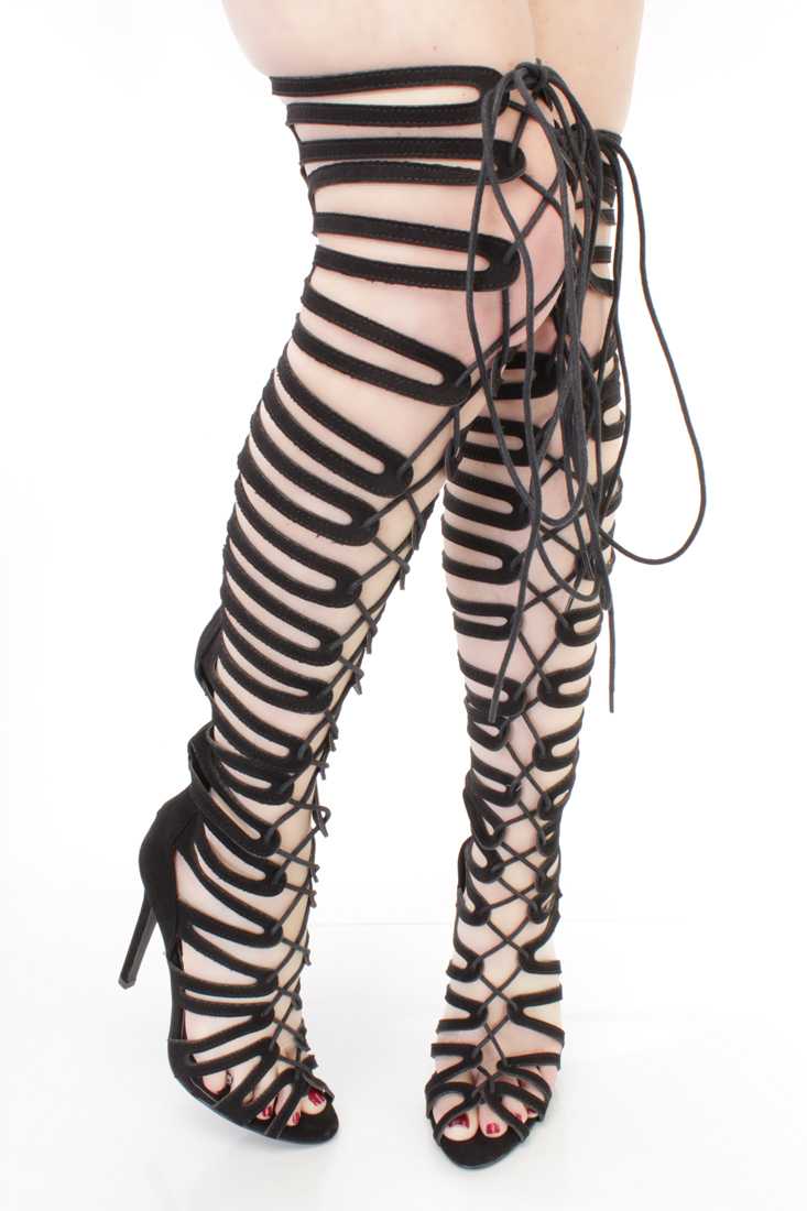 Black Thigh High Single Sole Gladiator Heels Faux Suede