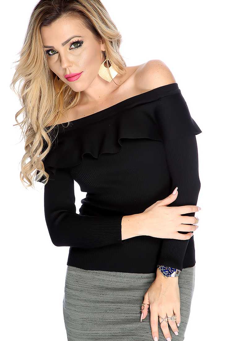 Black Off Shoulder Ruffle Long Sleeve Sweater Top
