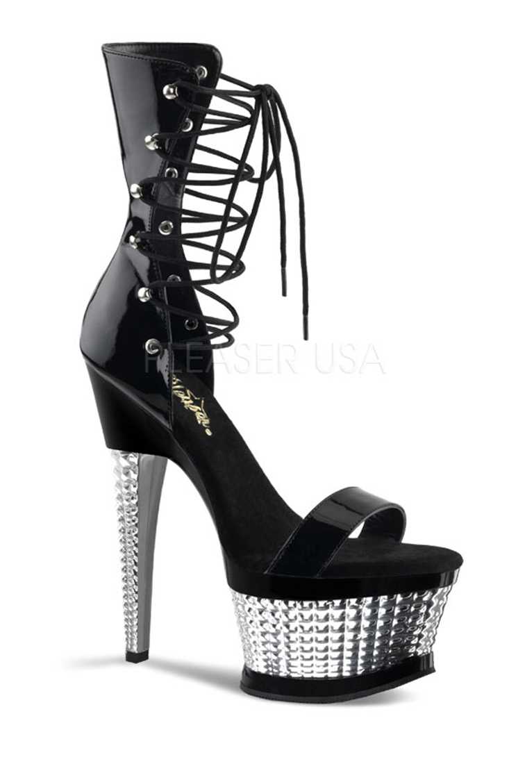 Black Silver Chrome Lace Up Bootie Sandal Heels Patent