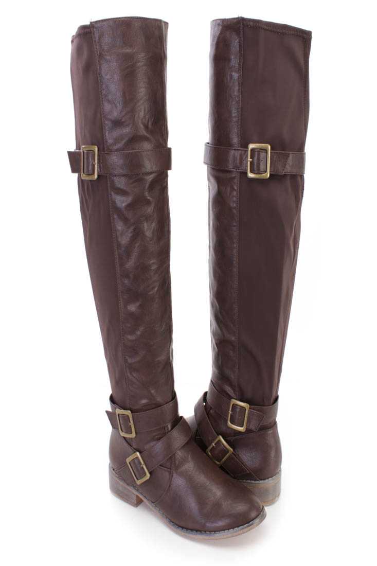Brown Strappy Thigh High Riding Boots Faux Leather