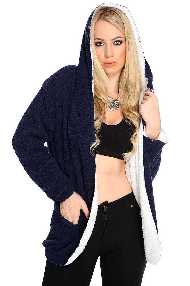 Navy Open Front Hooded Sweater