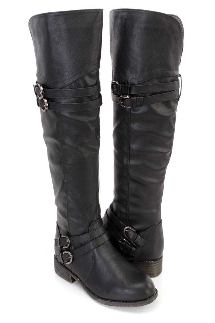 Black Strappy Knee High Riding Boots Faux Leather