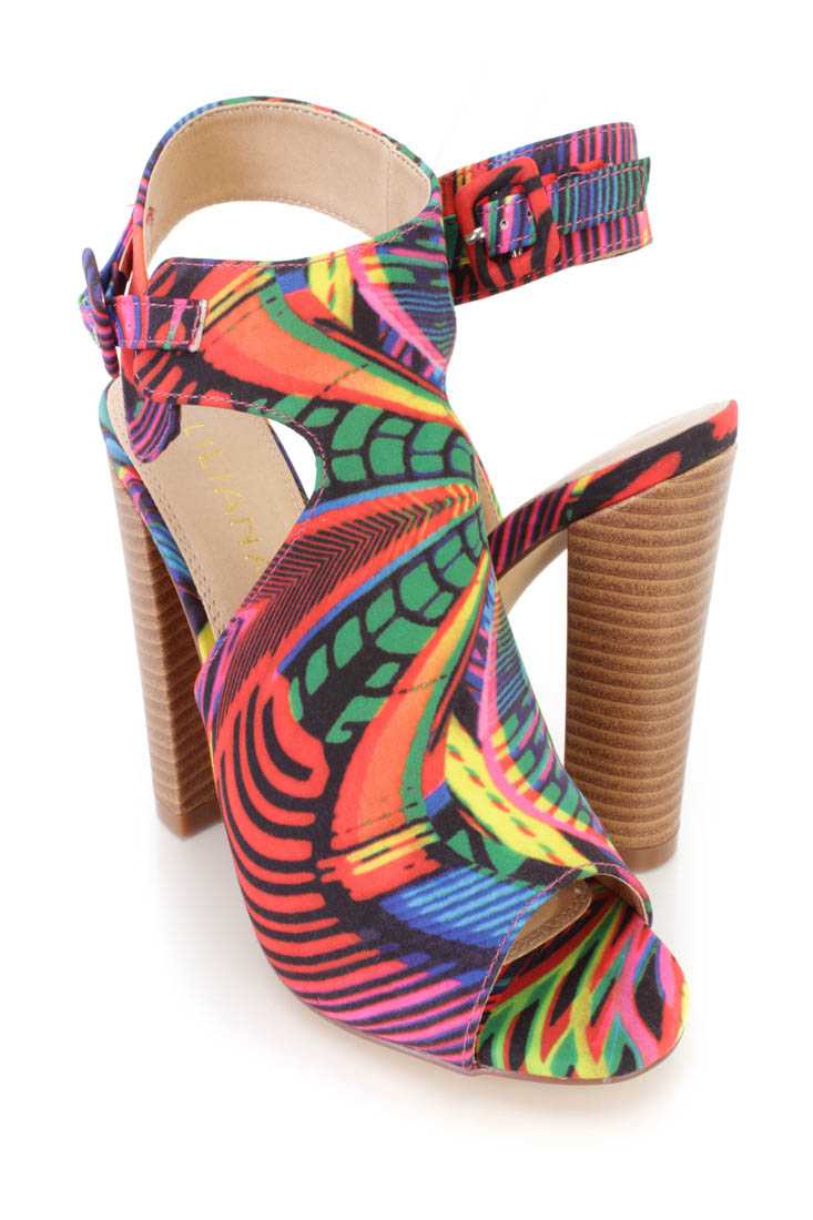 Multi Peep Toe Single Sole Chunky Heels Faux Leather