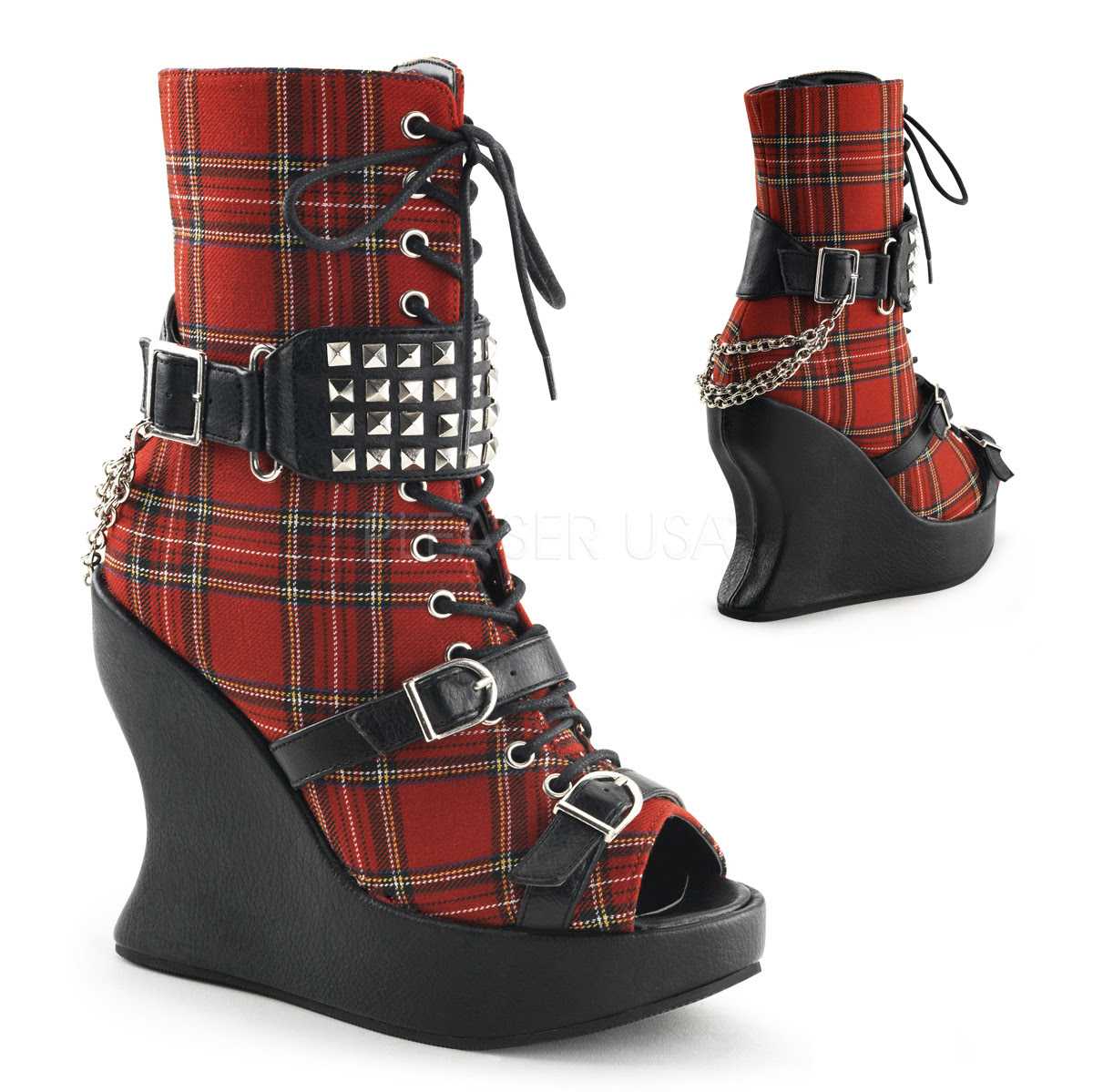 Red Plaid Studded Lace Up Wedge Boots Fabric
