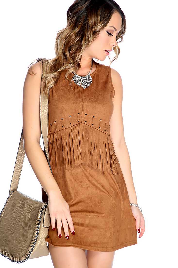 Sexy Brown Sleeveless Round Neck Fringe Trim Party Dress
