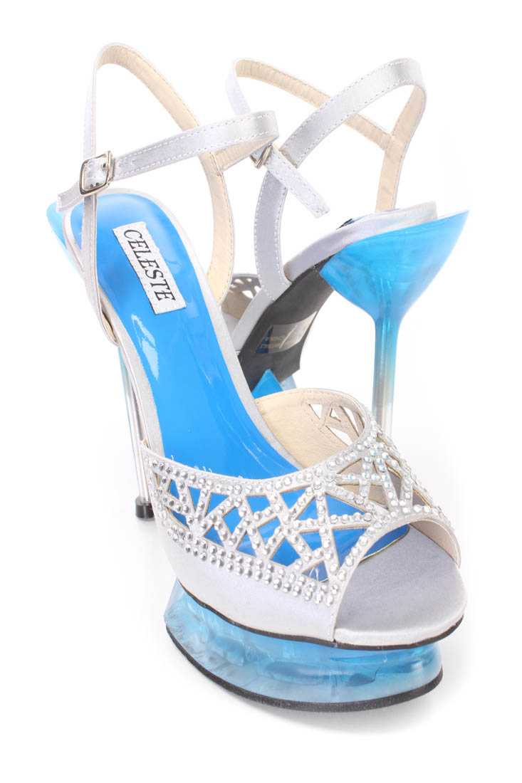 Silver Rhinestone Platform Stiletto Heels Satin