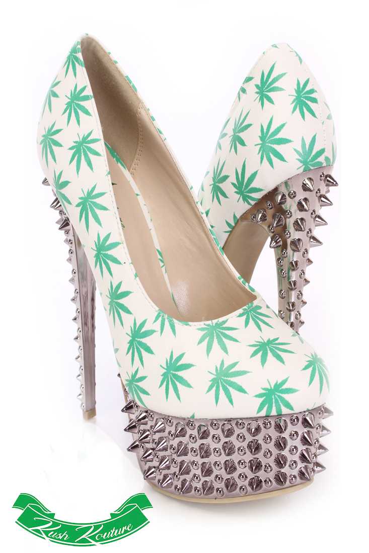 White Green Herbal Leaf Pump High Heels Faux Leather