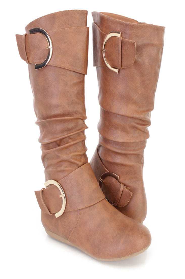 Tan Slouchy Buckle Accent Flat Boots Faux Leather