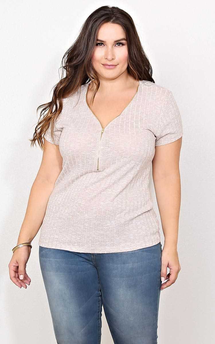 Plus Size Zip Through It Rib Knit Top - Tan in Size 2X by Styles For Less