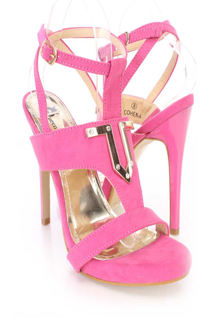 Fuchsia Wrap Around Strap Open Toe High Heels Faux Suede
