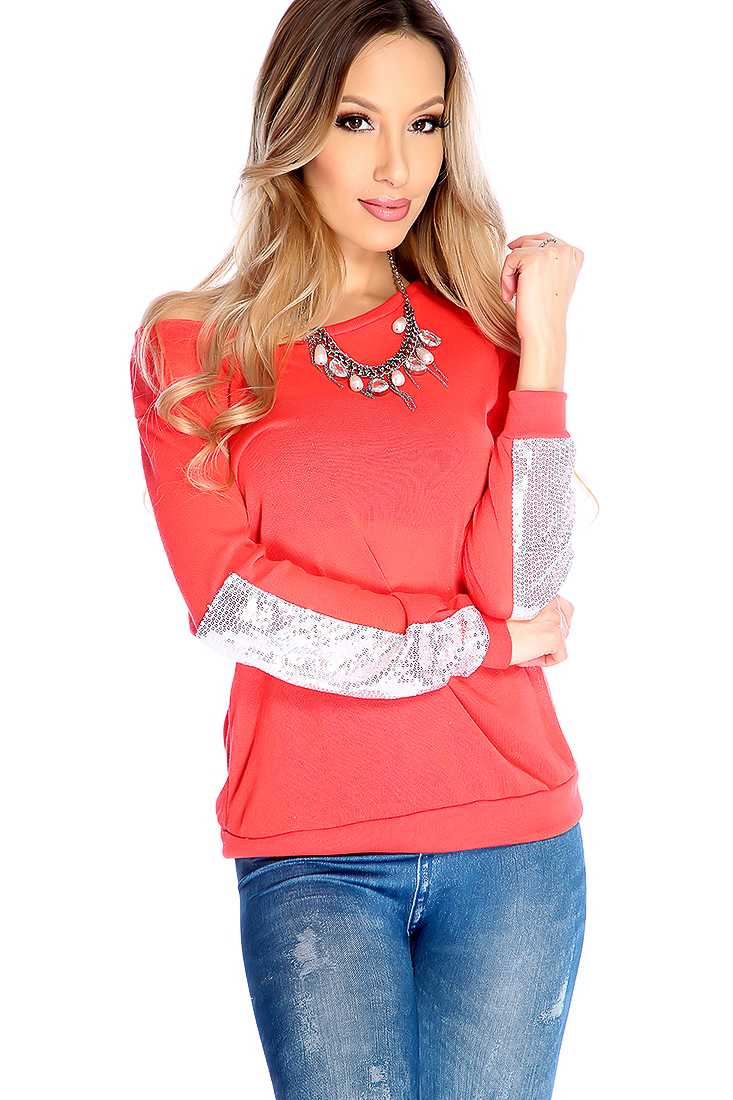 Stylish Coral Long Sleeve Sequence Detail Casual Top