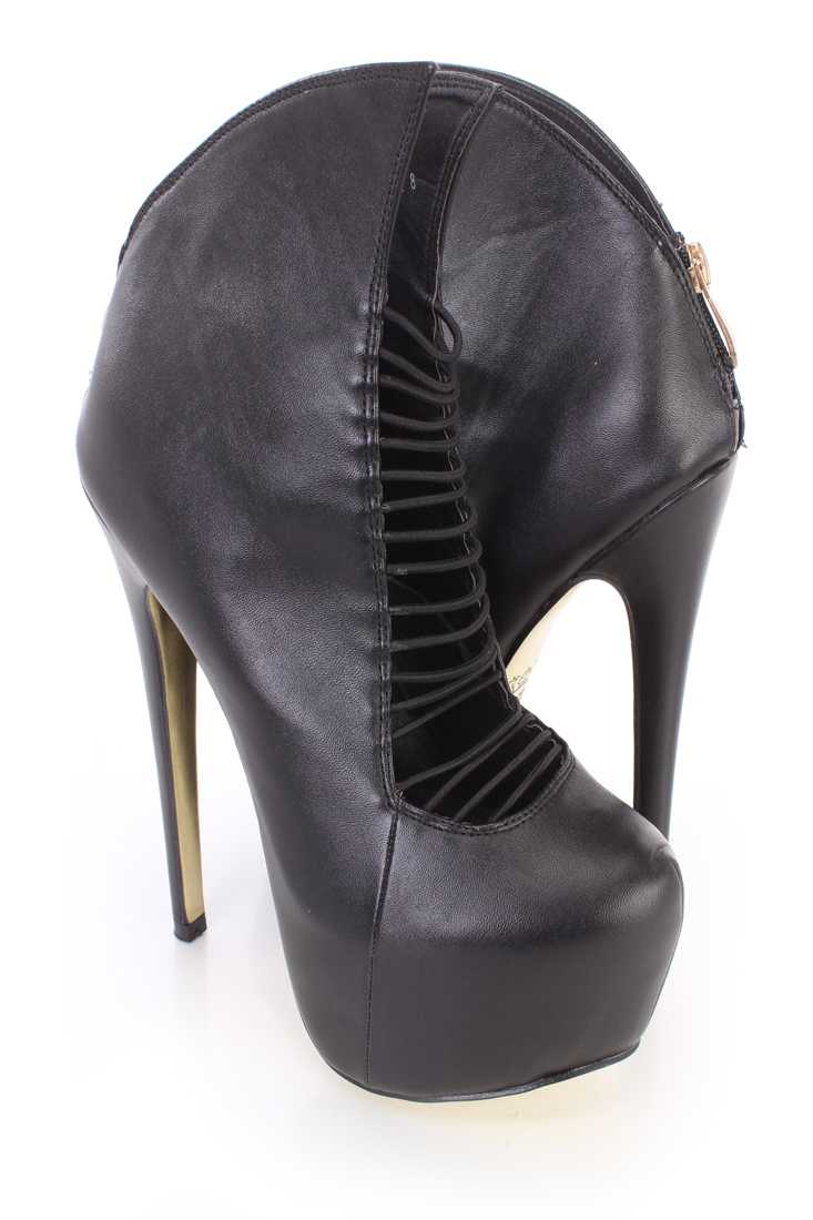 Black Elastic Strappy Platform Heel Booties Faux Leather