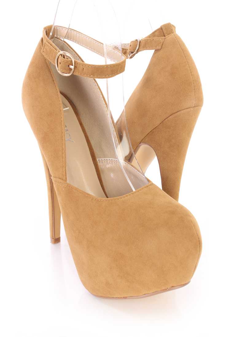 Tan Ankle Strap Heels Faux Suede