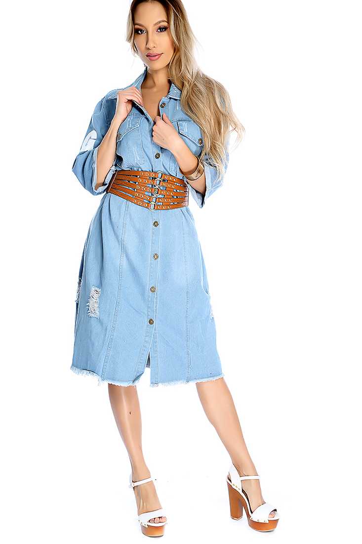 Sexy Light Blue Distress Detail Button Up Casual Dress