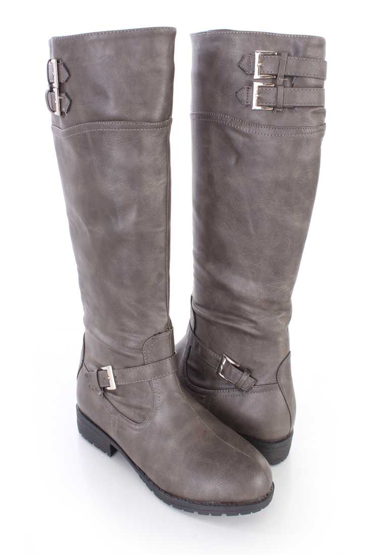 Grey Mid Calf Riding Boots Faux Leather