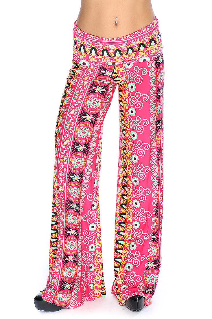 Fuchsia Marigold Floral Print Wide Leg Casual Pants