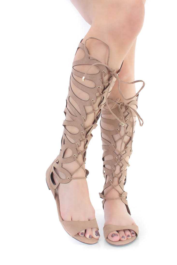 Natural Cut Out Lace Up Gladiator Sandals Faux Suede