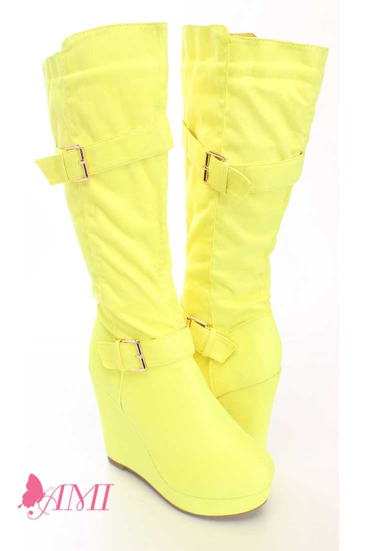 Yellow Mid Calf Wedge Boots Faux Suede