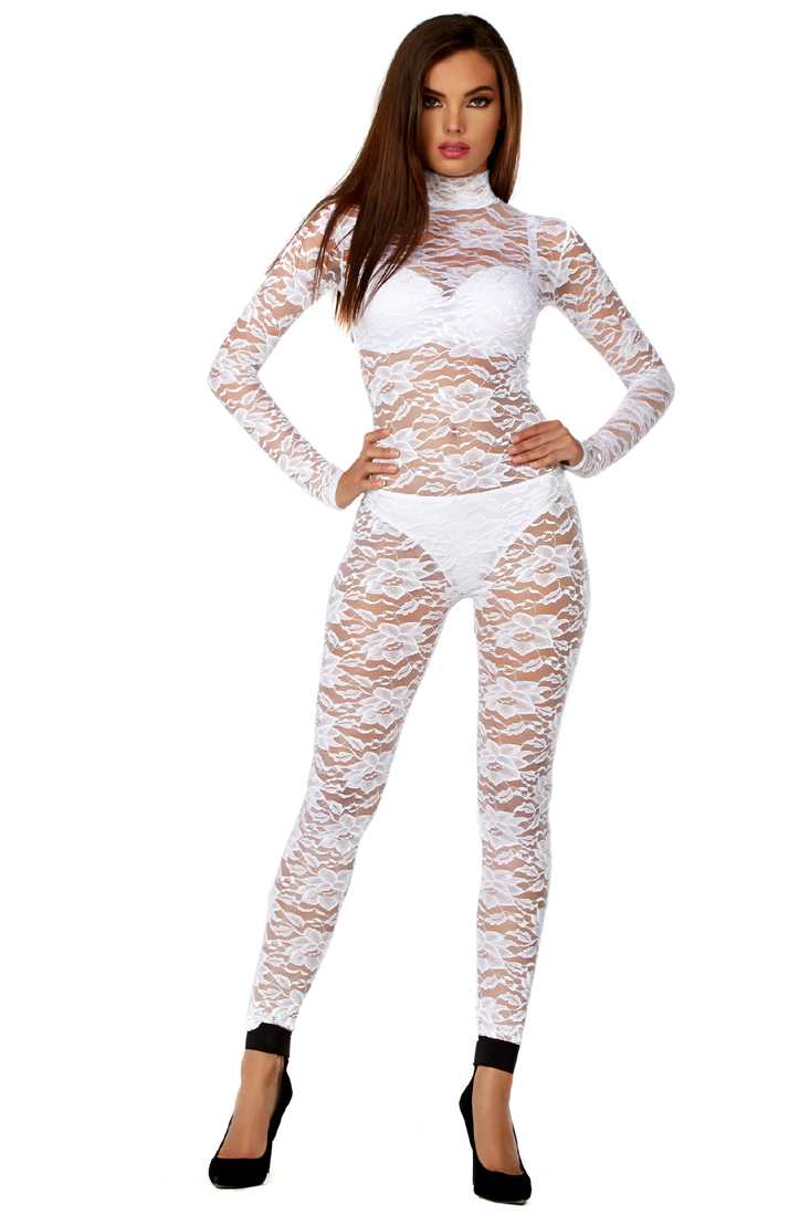 White Lace Mock Neck Catsuit Sexy Costume