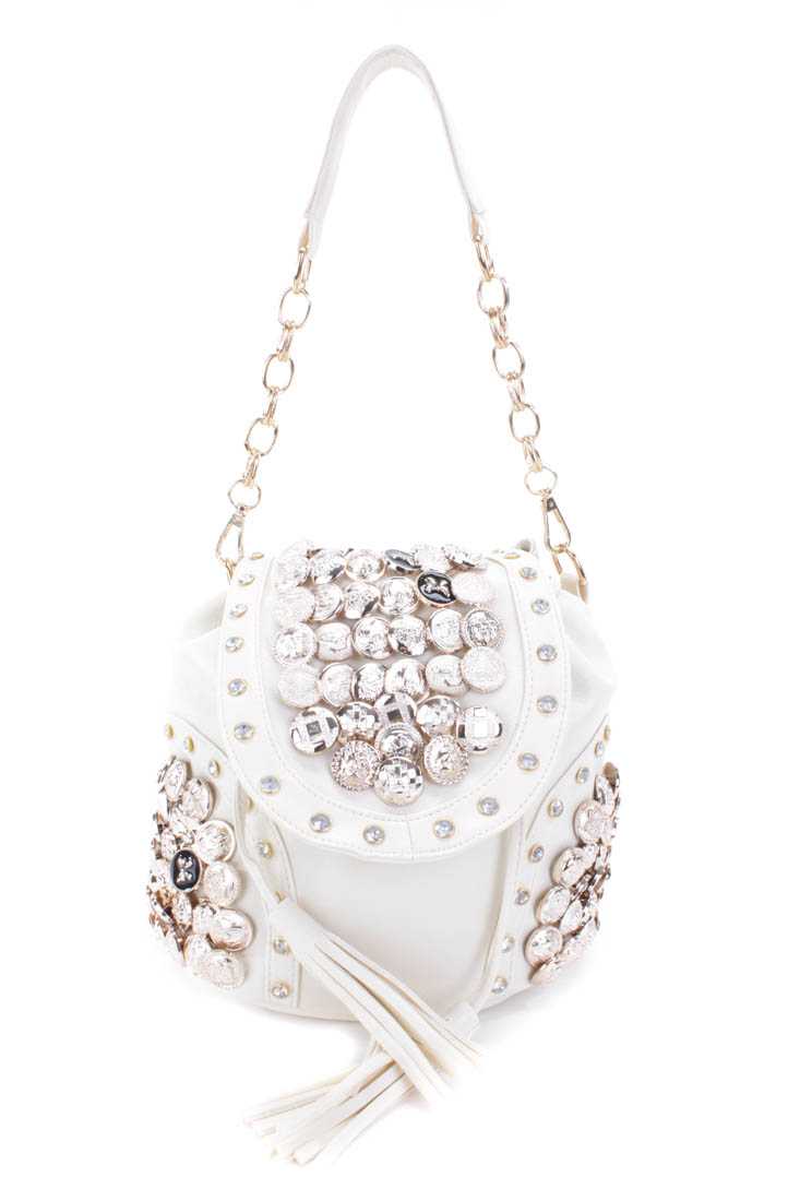 White High Polish Metal Detail Faux Leather Handbag